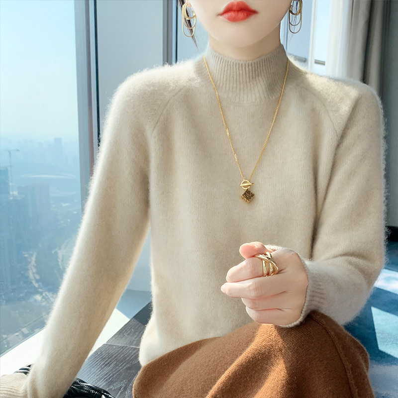 重磅加厚~一线成衣100%澳洲纯羊毛衫女半高领宽松休闲百搭针织衫N