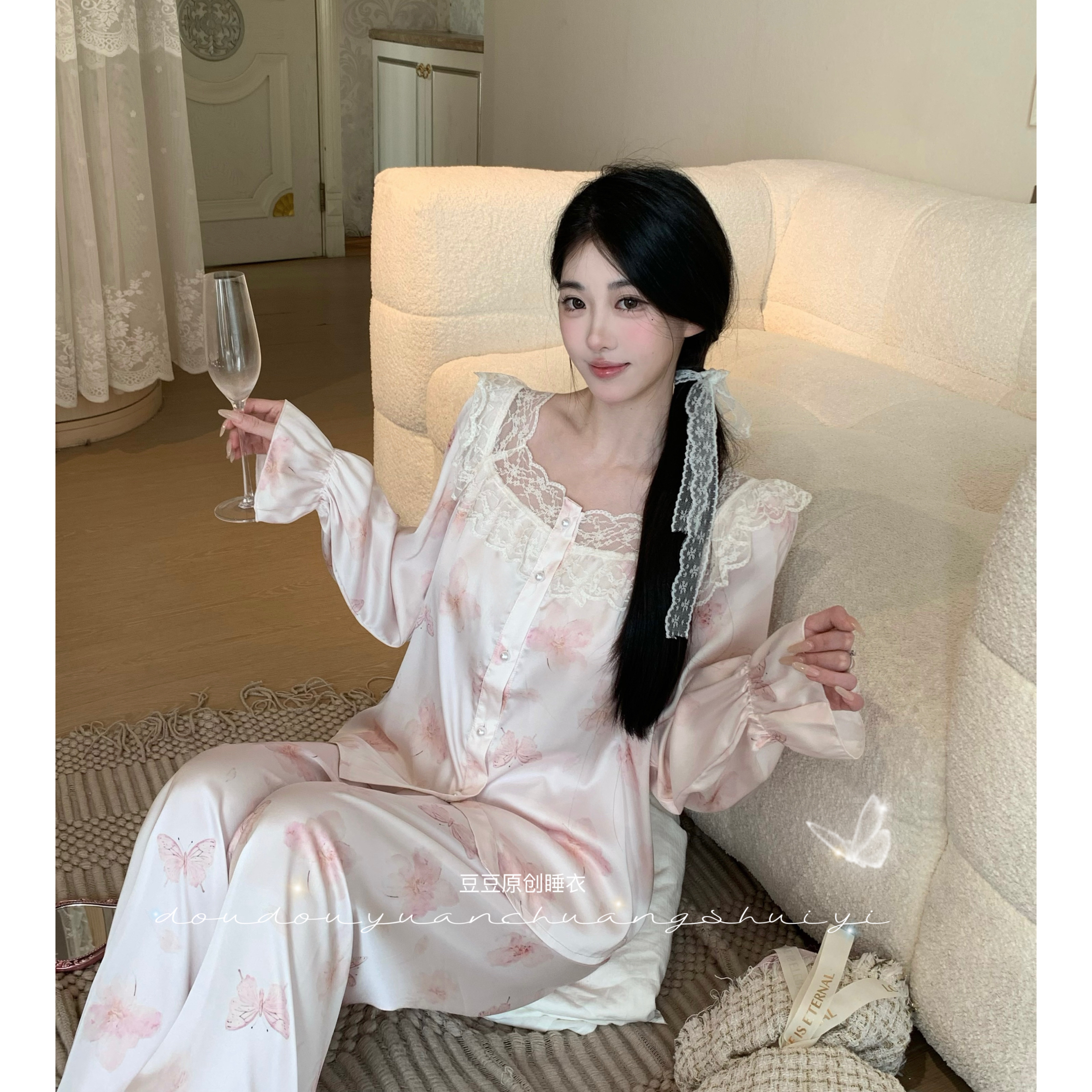 柔柔【花影流光】柔光软丝长袖家居服高腰显瘦睡衣女小众春季