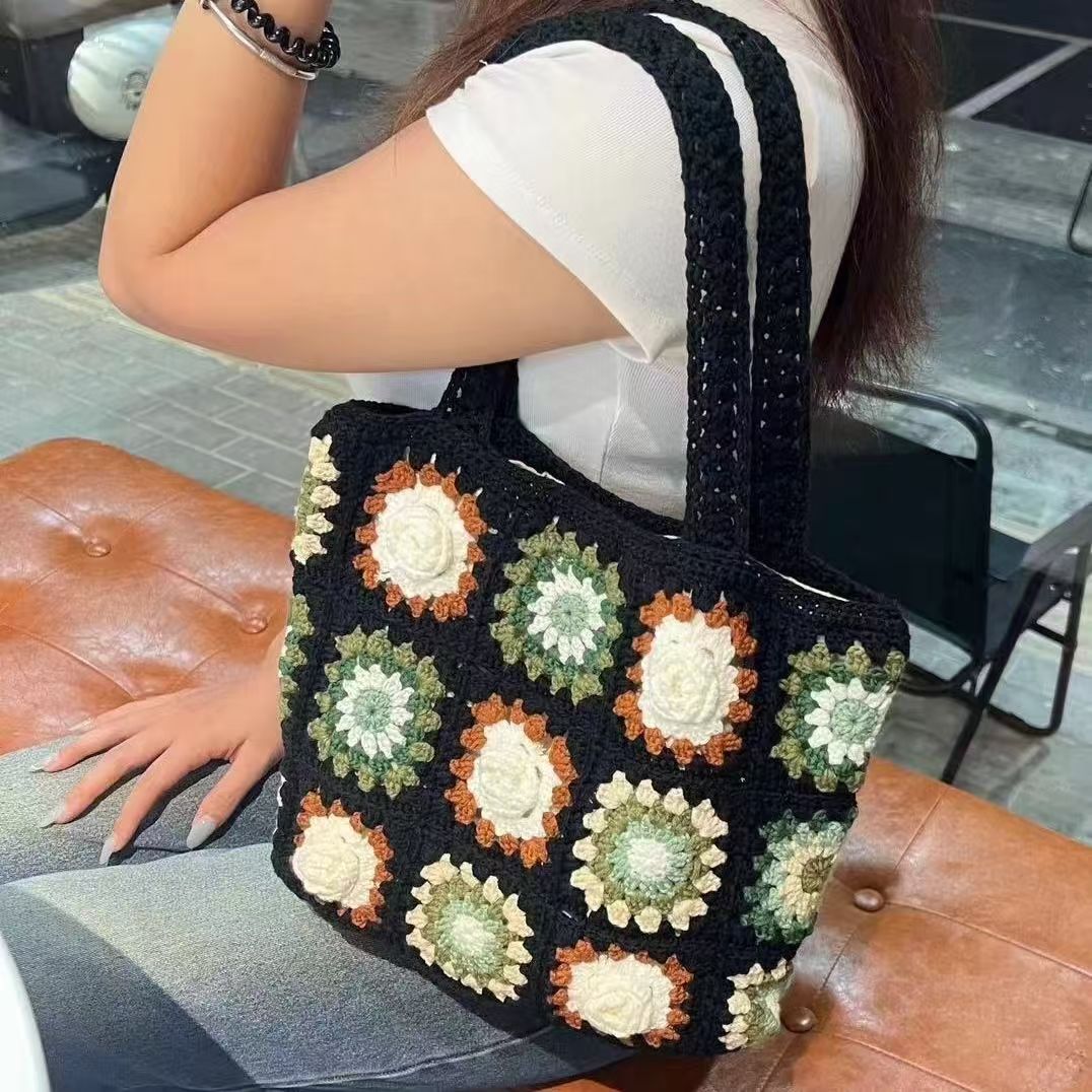 （成品）手工钩织女士包包碎花时尚编织印花民族风单肩提花肩包