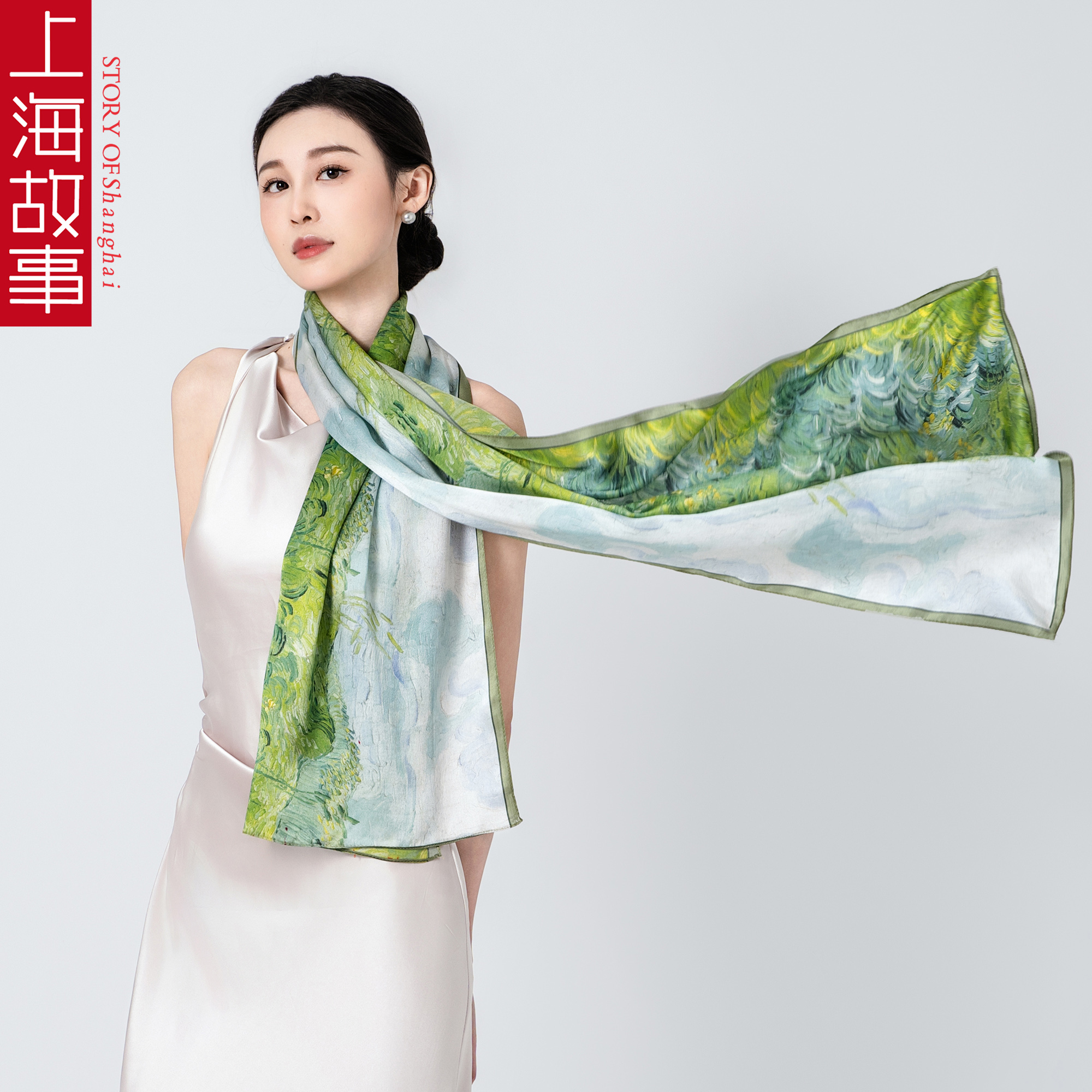 上海故事旗袍披肩长条真丝围巾丝巾围脖护颈洋气桑蚕丝丝巾女款