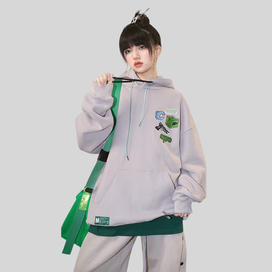 潮牌刺绣图章加绒保暖连帽卫衣秋冬加厚宽松时尚套头衫