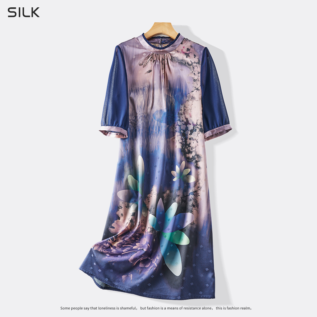 92%真丝桑蚕丝通勤风短袖高端女装时尚印花气质真丝连衣裙