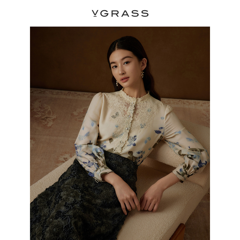 VGRASS盘绳蕾丝刺绣衬衫冬季新款18.5姆米丝毛宽松衬衣VSX3P4663A