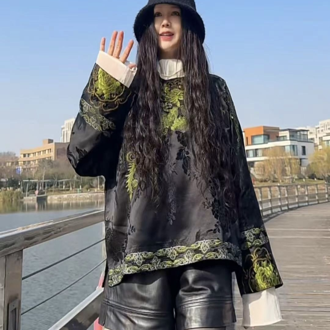 【周周家】早春新款刺绣袖口高货老缎真丝印花中式上衣