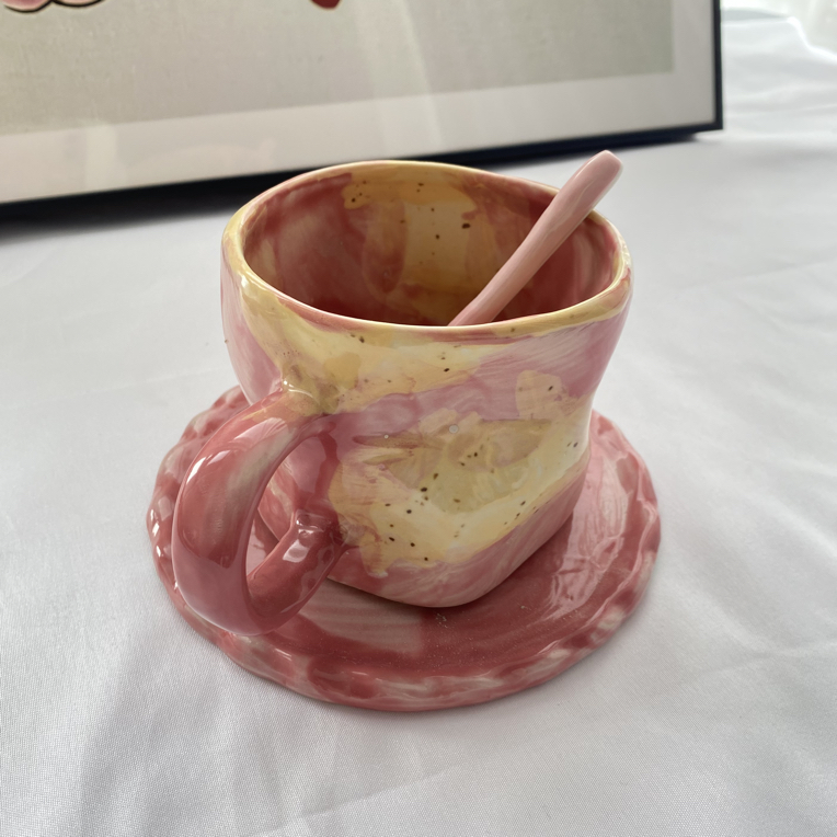 釉下彩马克杯咖啡杯耐高温创意手作复古少女居家欧式粉色
