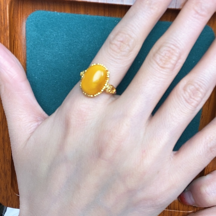 蜜蜡戒指银S925镶嵌戒指