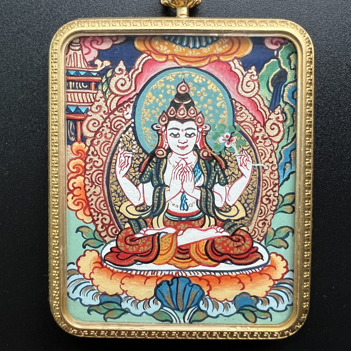 清卡四臂观音，纯手绘唐卡