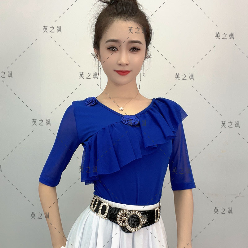 【英之飒】5023花朵V领短袖连体显瘦上衣舞服跳舞百搭夏季打底衫