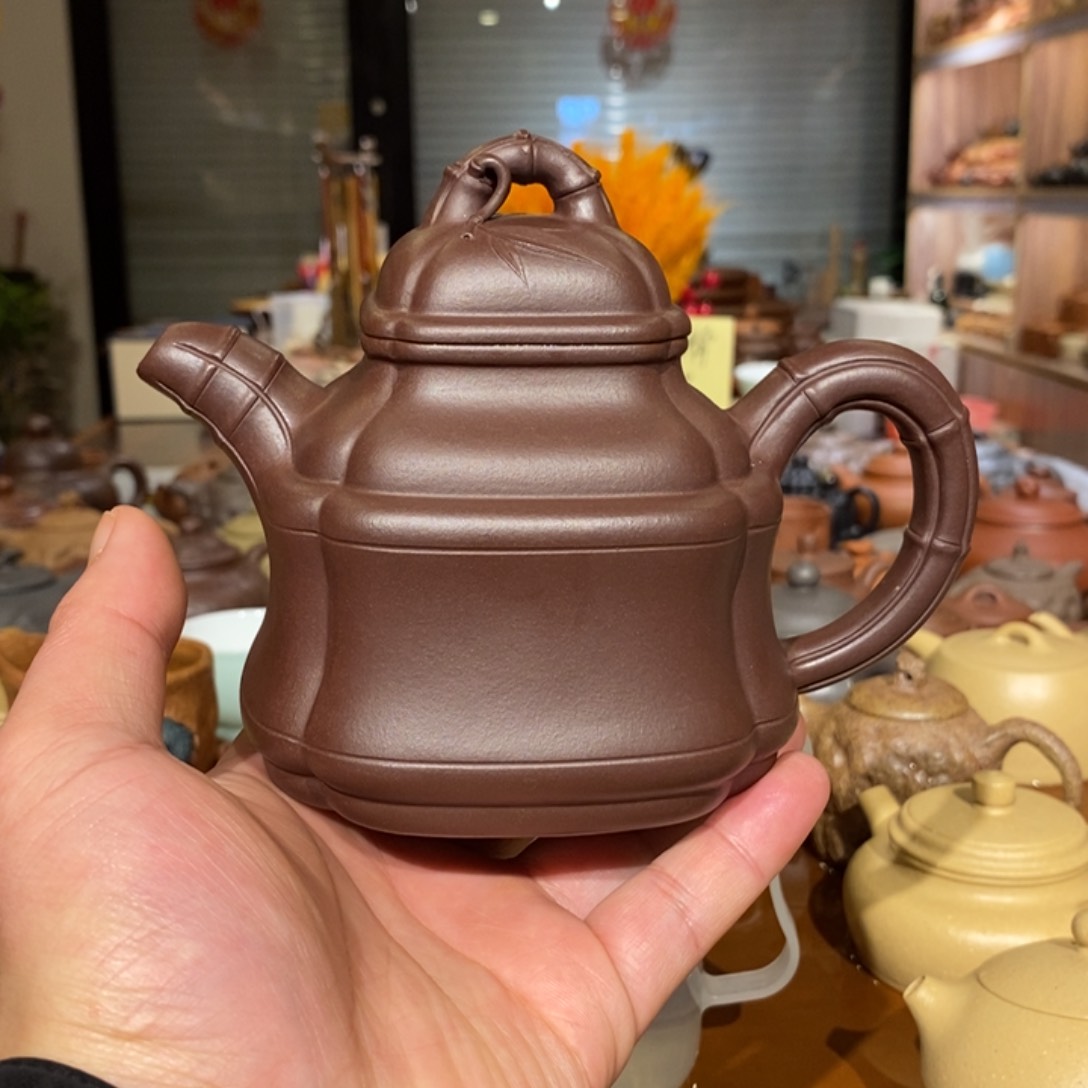 紫砂茶壶确***神精工半手四方竹鼎壶450cc
