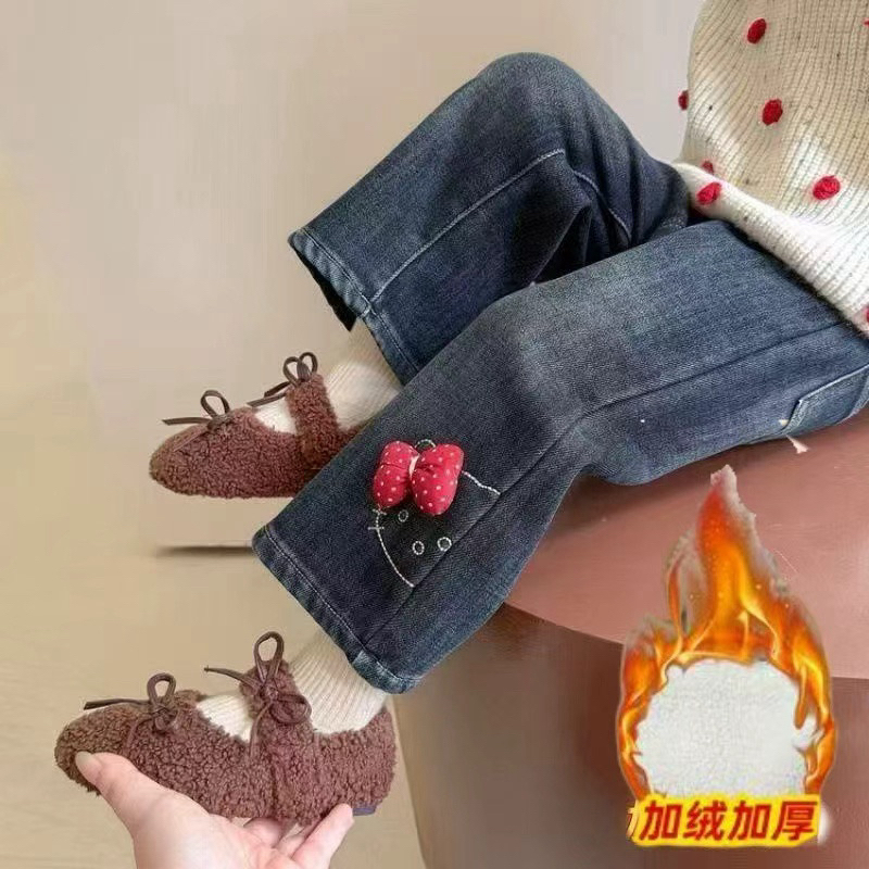 【一件过冬】女童加绒牛仔裤秋冬季新款加厚羊羔绒女宝宝直筒阔腿裤