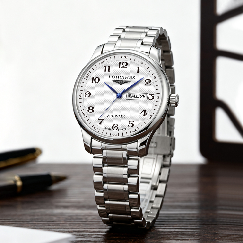 经典系列实芯钢带蝴蝶扣双日历全自动防水夜光男士高档轻奢腕表