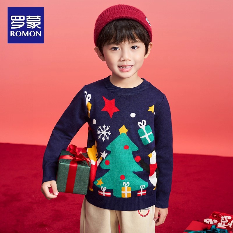 Romon/罗蒙圣诞节毛衣儿童秋冬季新款圆领男童套头针织衫卡通上衣