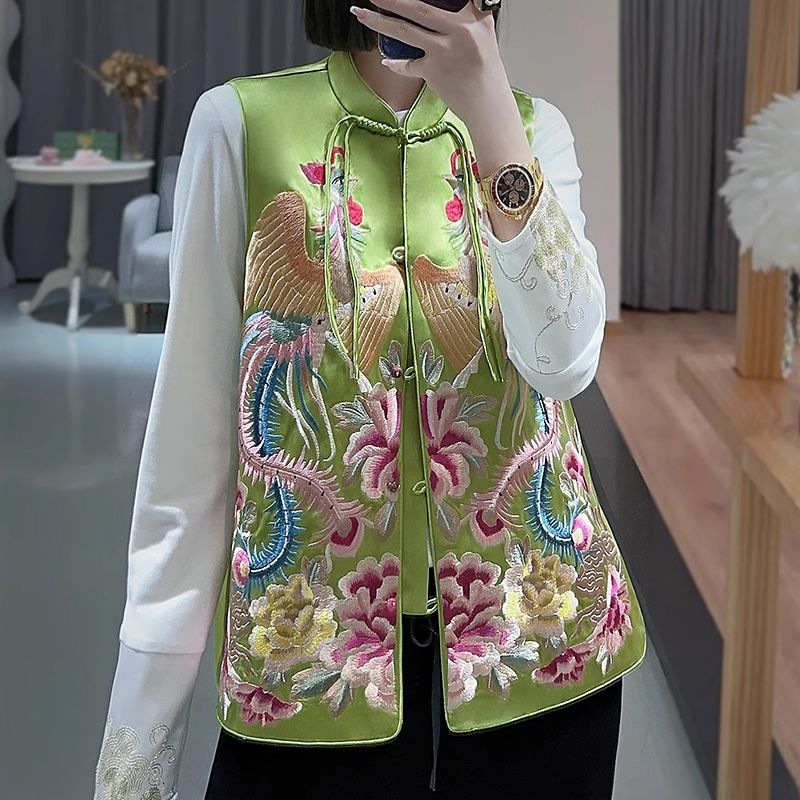 新中式国风重工衣服金凤凰刺绣马夹女春夏气质盘扣洋气唐装马甲女