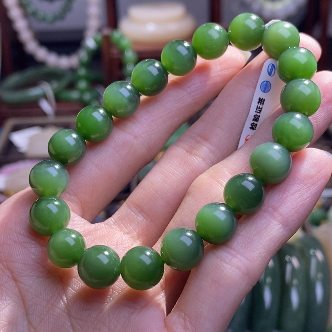 和田玉碧玉绿猫眼手串9MM未镶嵌
