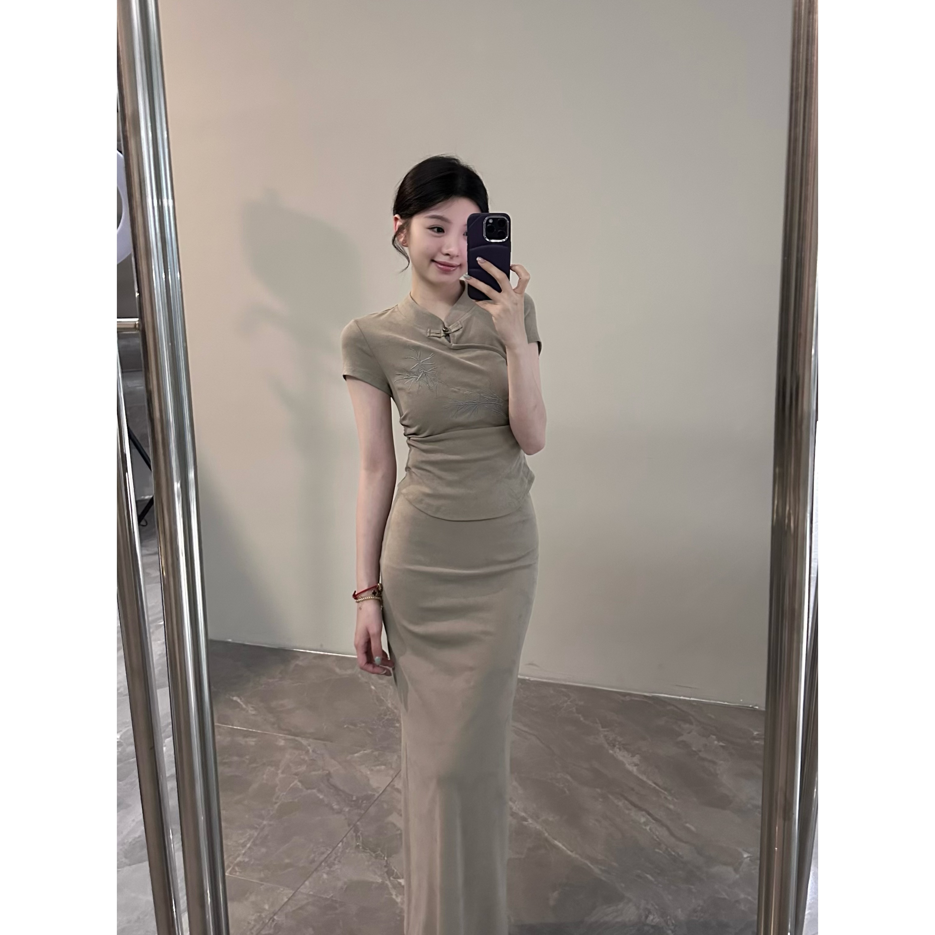 【颂宋】夏季新中式国风改良旗袍短袖修身套装显瘦短裙褶皱DT1319