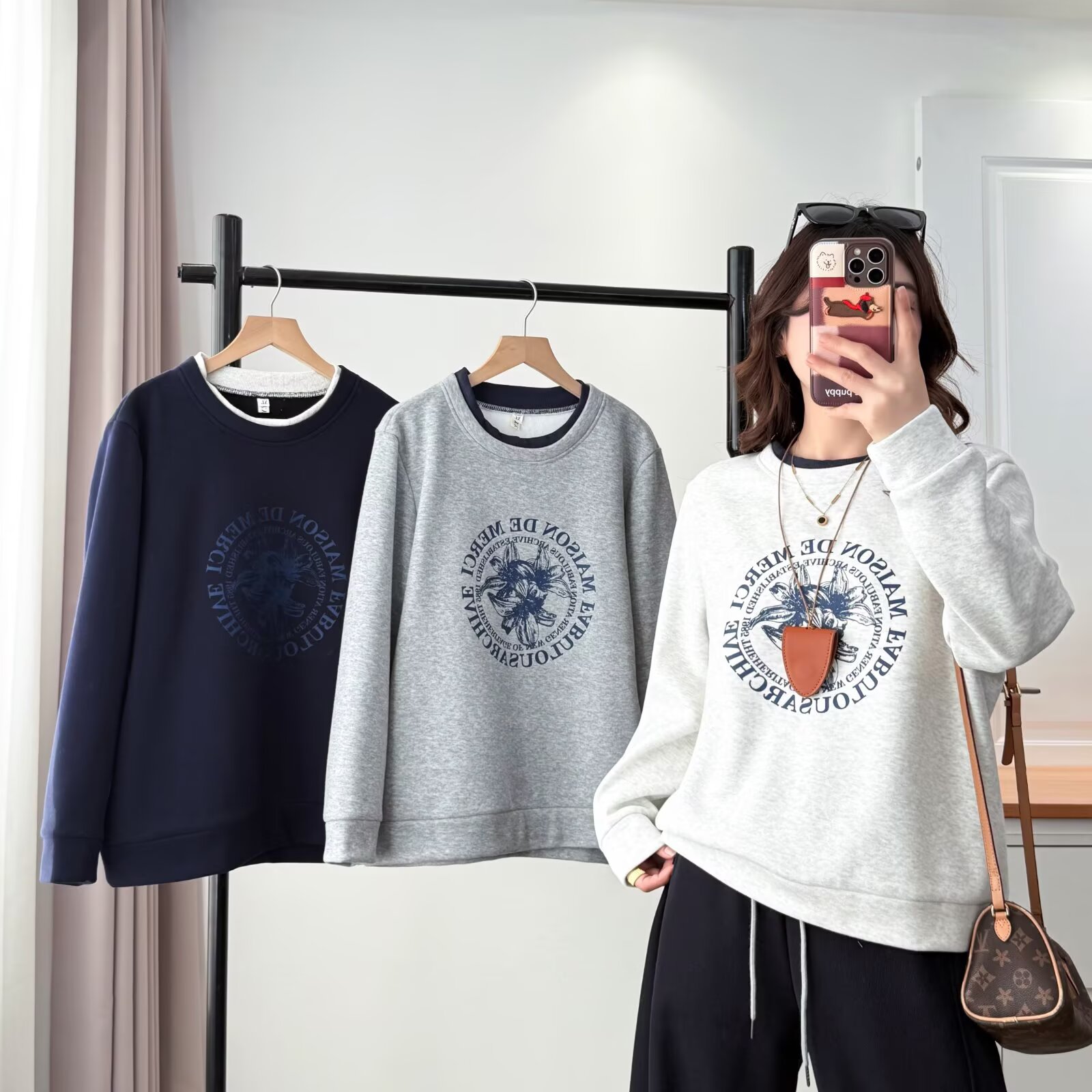 加绒时尚字母宽松女大码女装微胖mm圆领卫衣冬季圆领长袖印花上衣