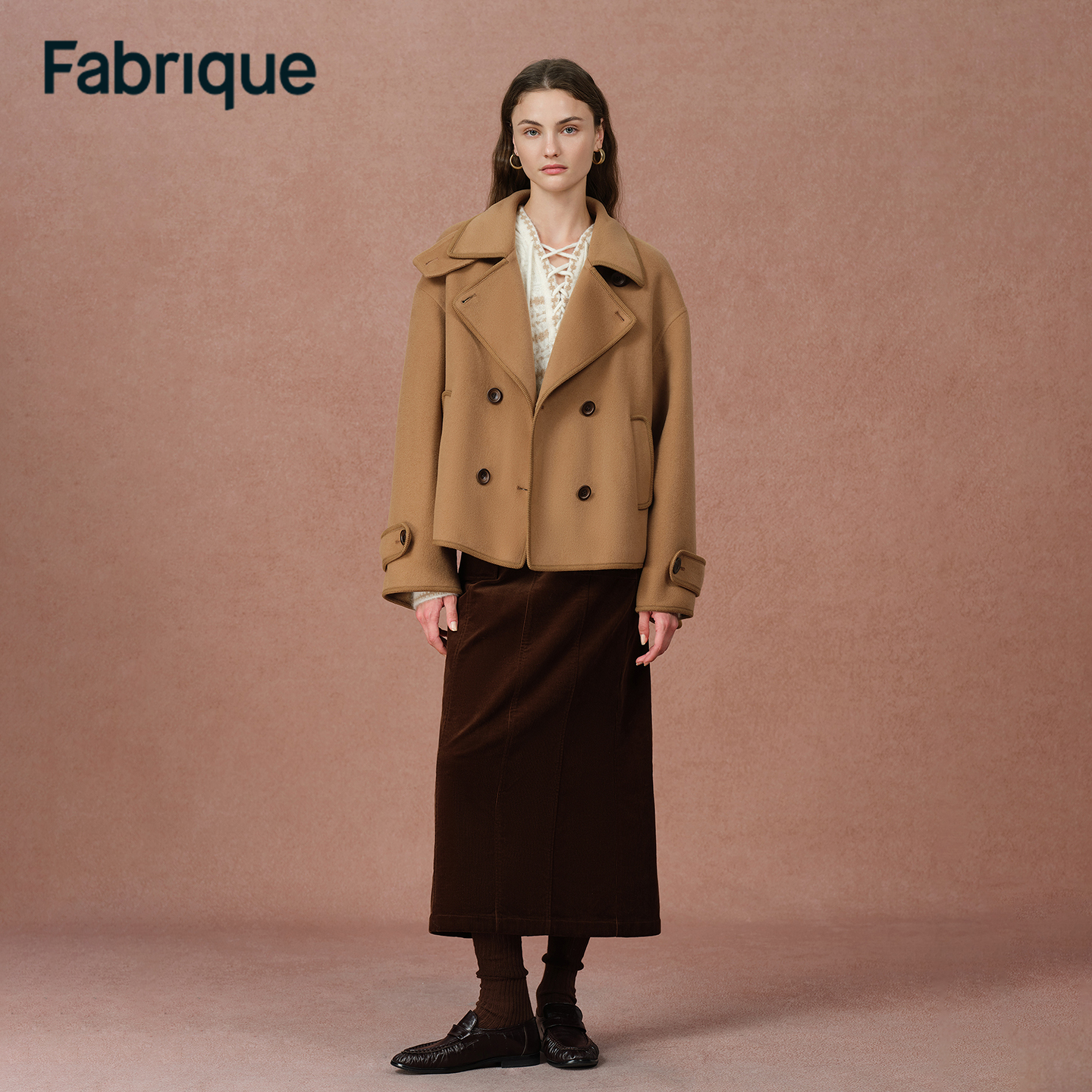 Fabrique Catherine 秋冬新品琥珀棕绵羊毛双面呢斗篷式短款大衣