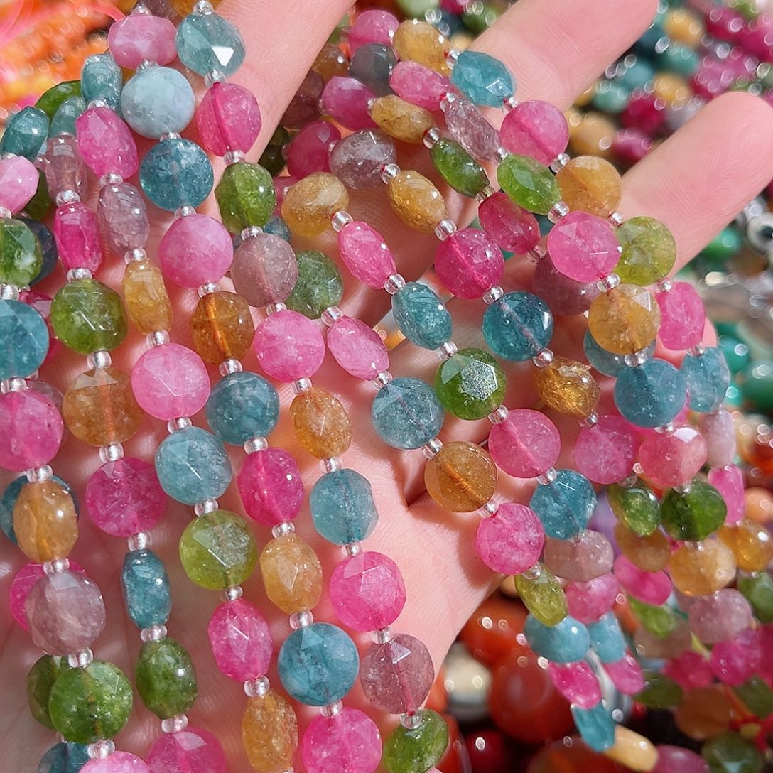 玛瑙/玉髓未镶嵌珠宝半成品碧玺圆饼一条10mm