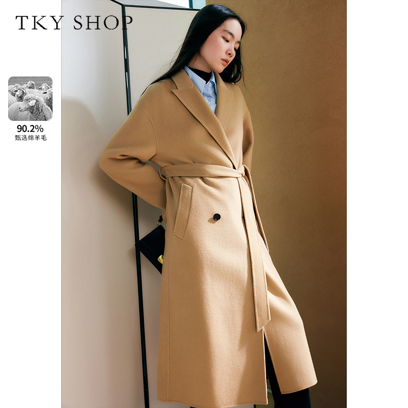 TKYSHOP卡其色经典翻领中长款绵羊毛冬系带毛呢外套 10G1GA04S039