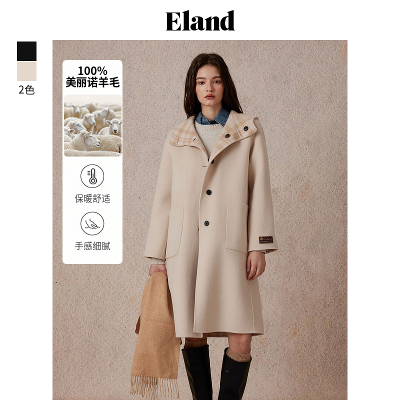 Eland衣恋毛呢外套女学院风长款通勤大衣秋冬新款EEJWE4VE04