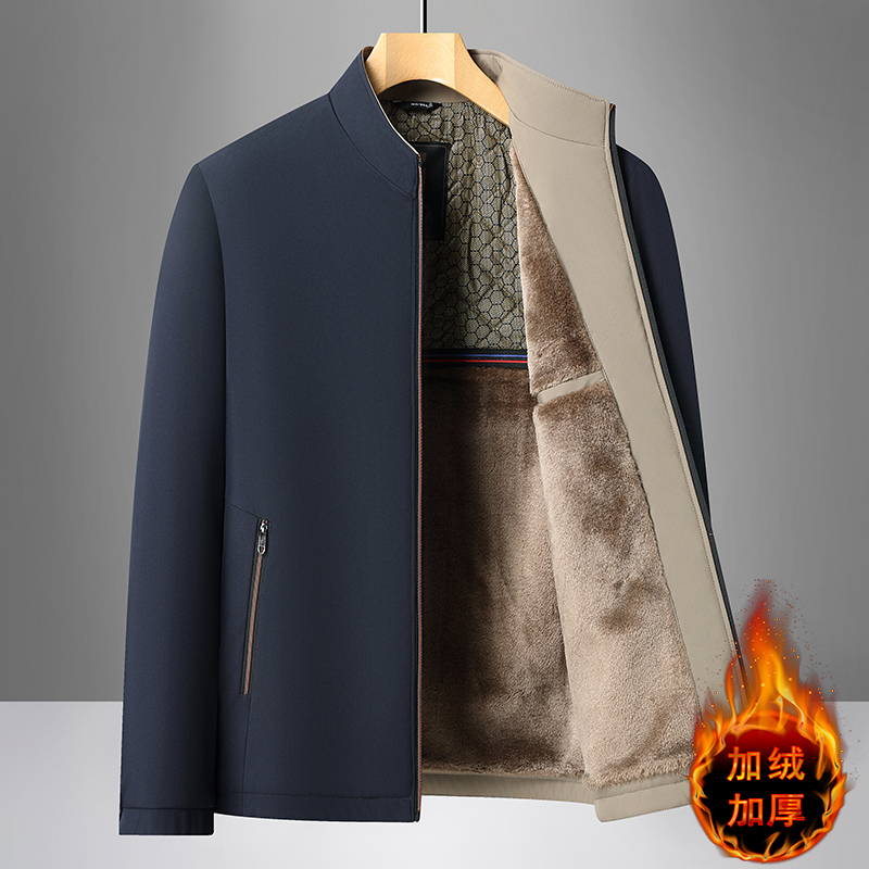 秋冬保暖爸爸中老年人休闲夹克冬装中年男士加绒加厚立领宽松外套