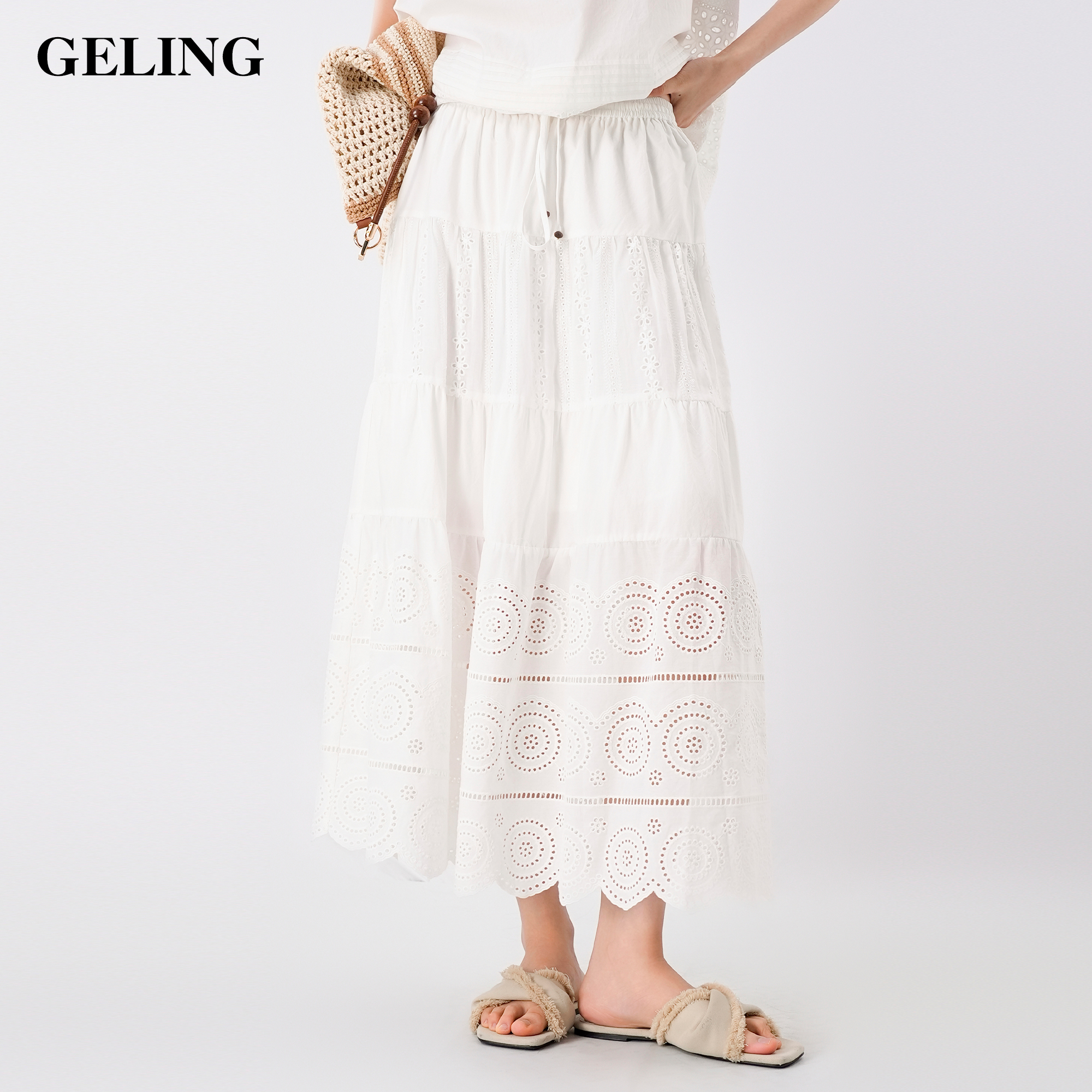 GELING/歌&玲气质百搭简约时尚休闲显瘦绣花松紧腰半裙G512X140B