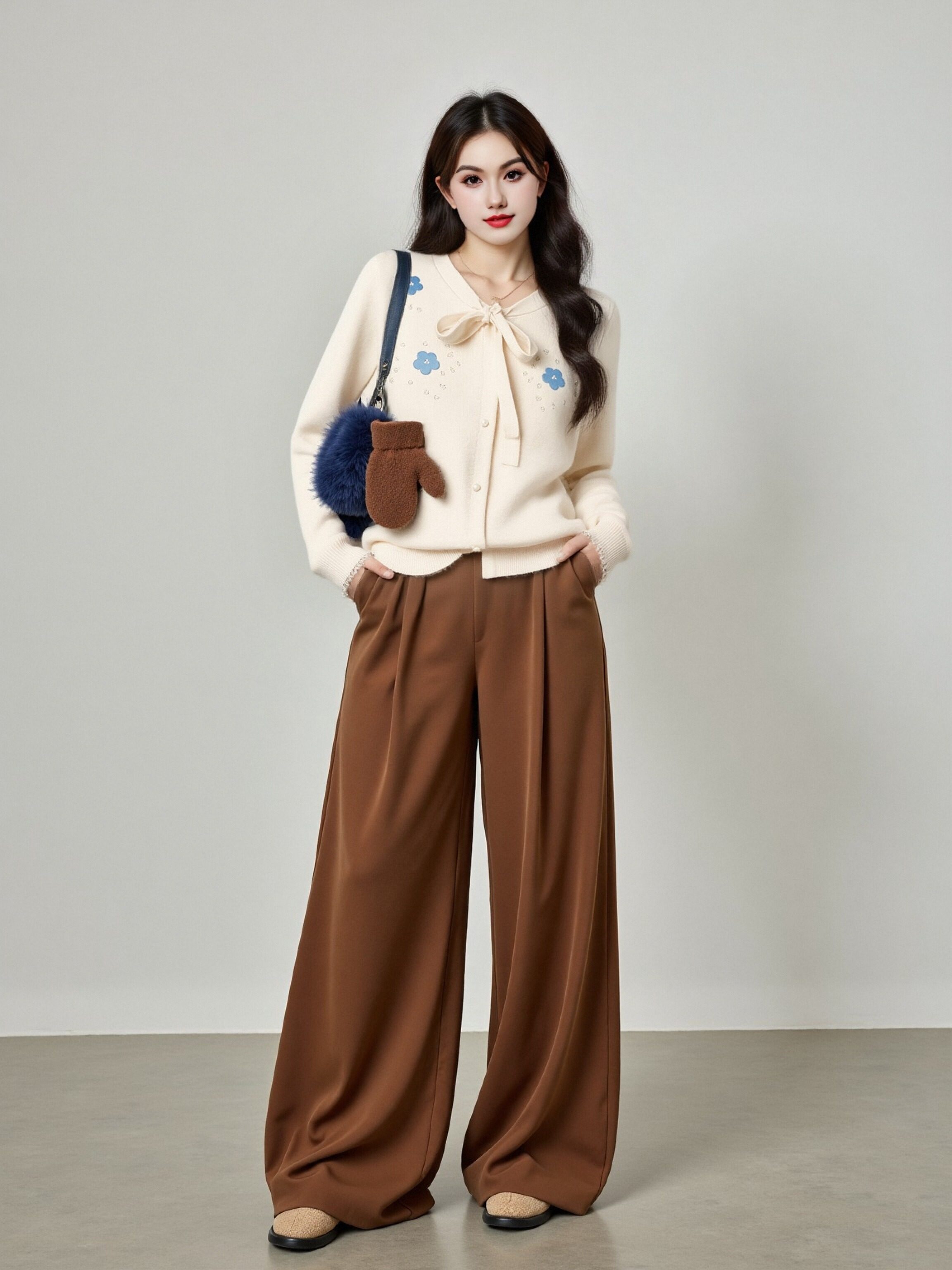 大码女装设计感绑带圆领上衣女刺绣针织衫2025冬款胖mm开衫23357