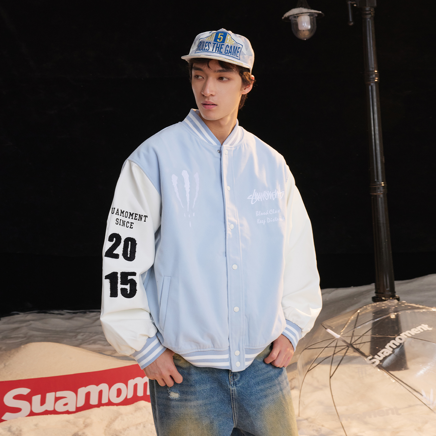 SUAMOMENT抓痕字母LOGO美式棒球服夹克秋情侣外套撞色