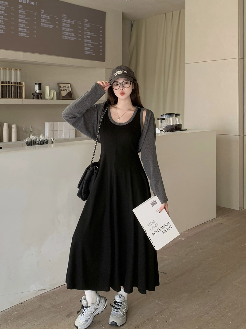 20403（28）秋装新款大码女休闲俏皮撞色收腰吊带裙针织开衫套装