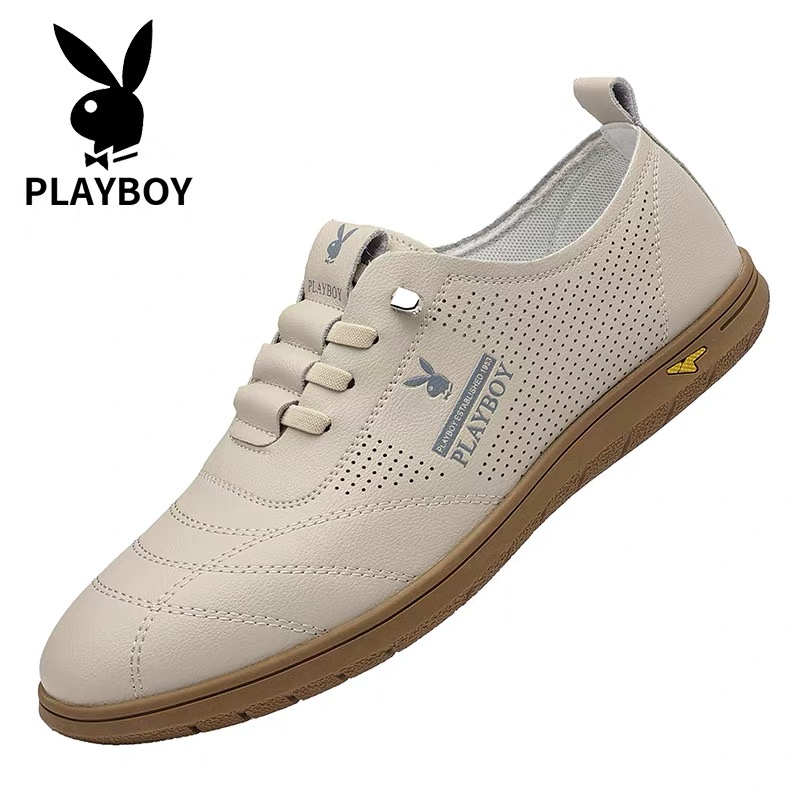 PLAYBOY/花花公子简约风透气防滑百搭休闲皮鞋镂空软底胶粘