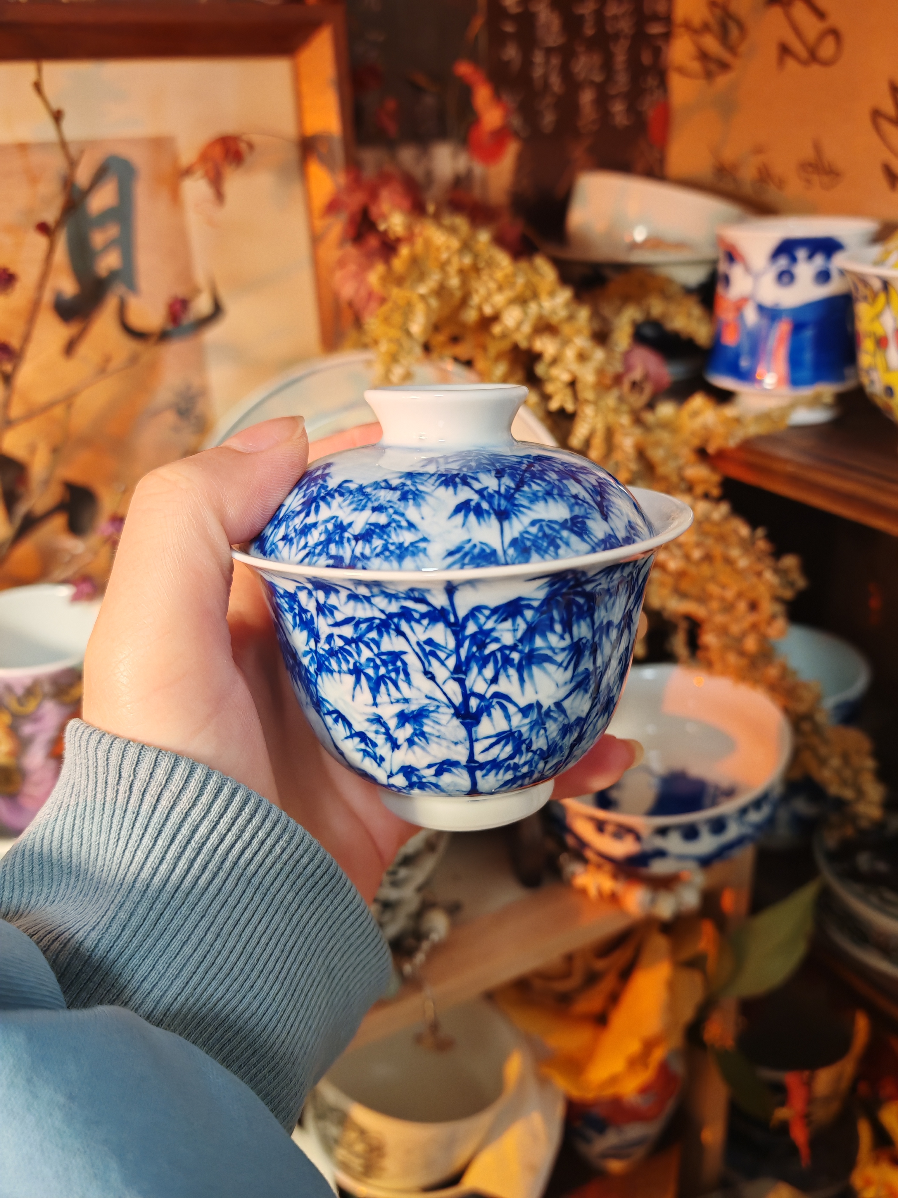 （微瑕）手绘两才竹子盖碗