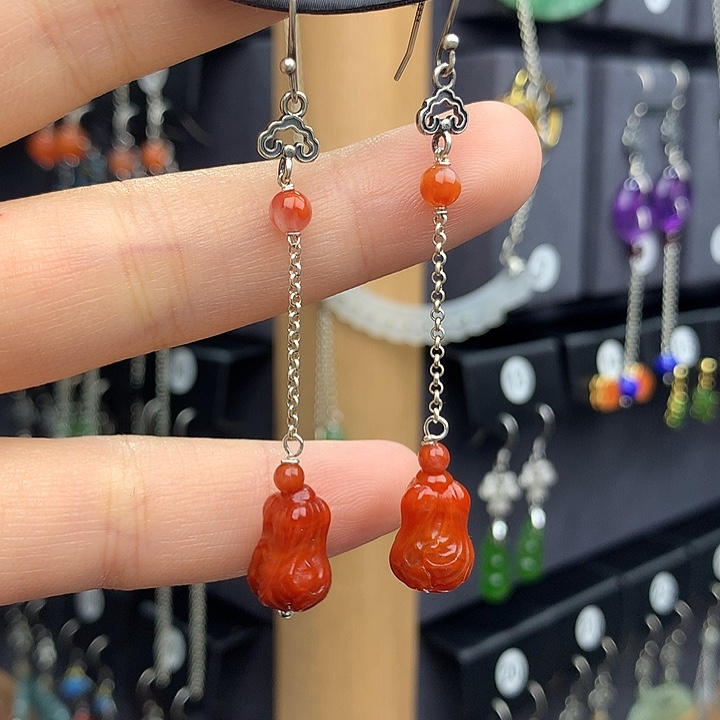 南红玛瑙耳饰银S925镶嵌