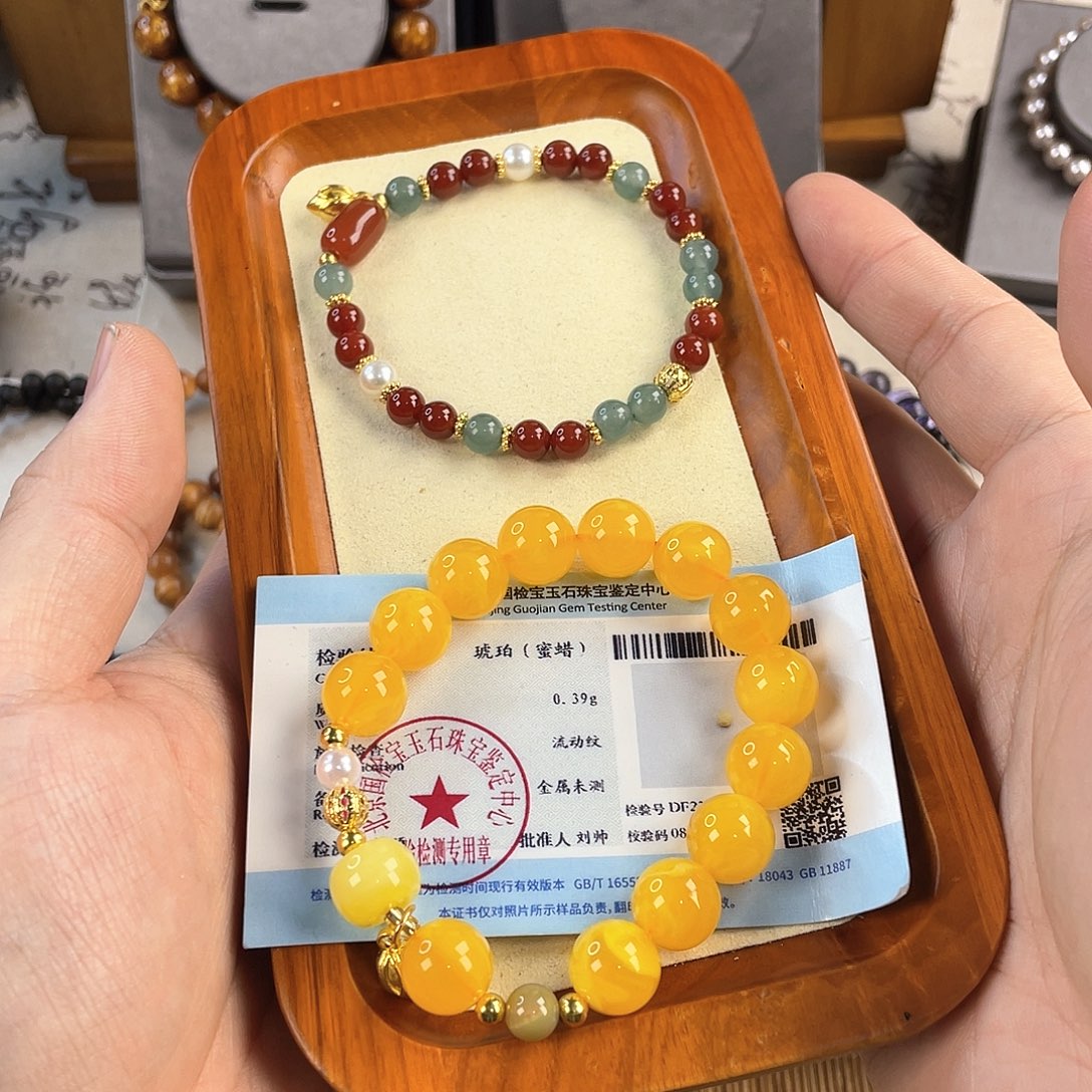 琥珀手饰银S925镀金镶嵌