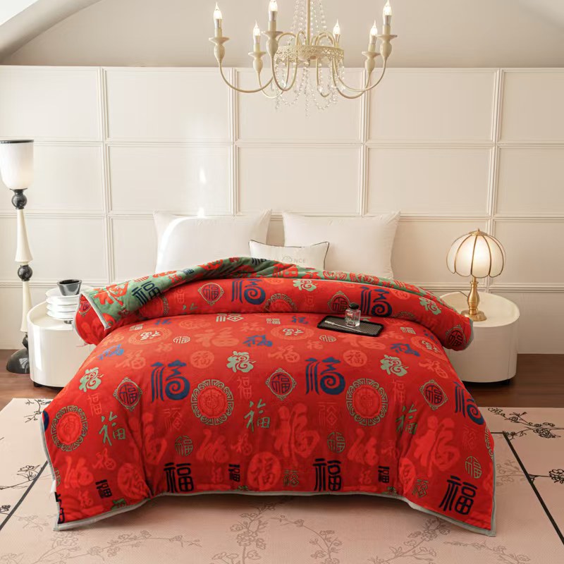 大红百福冬被2x2.3M双人冬季石墨烯被子加绒加厚保暖宝宝绒冬被