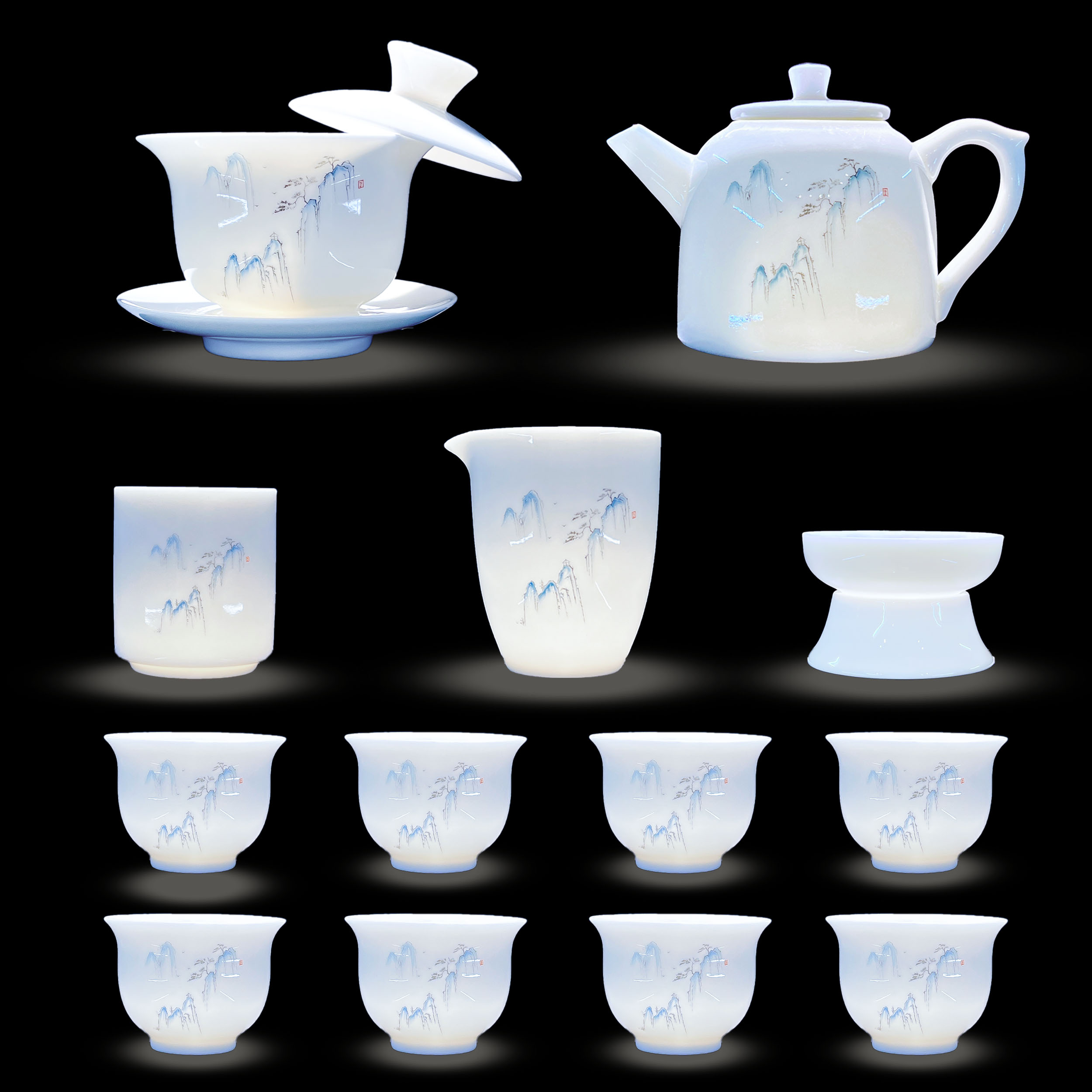 【玄致】羊脂玉瓷高山流水山水茶具套装一整大套