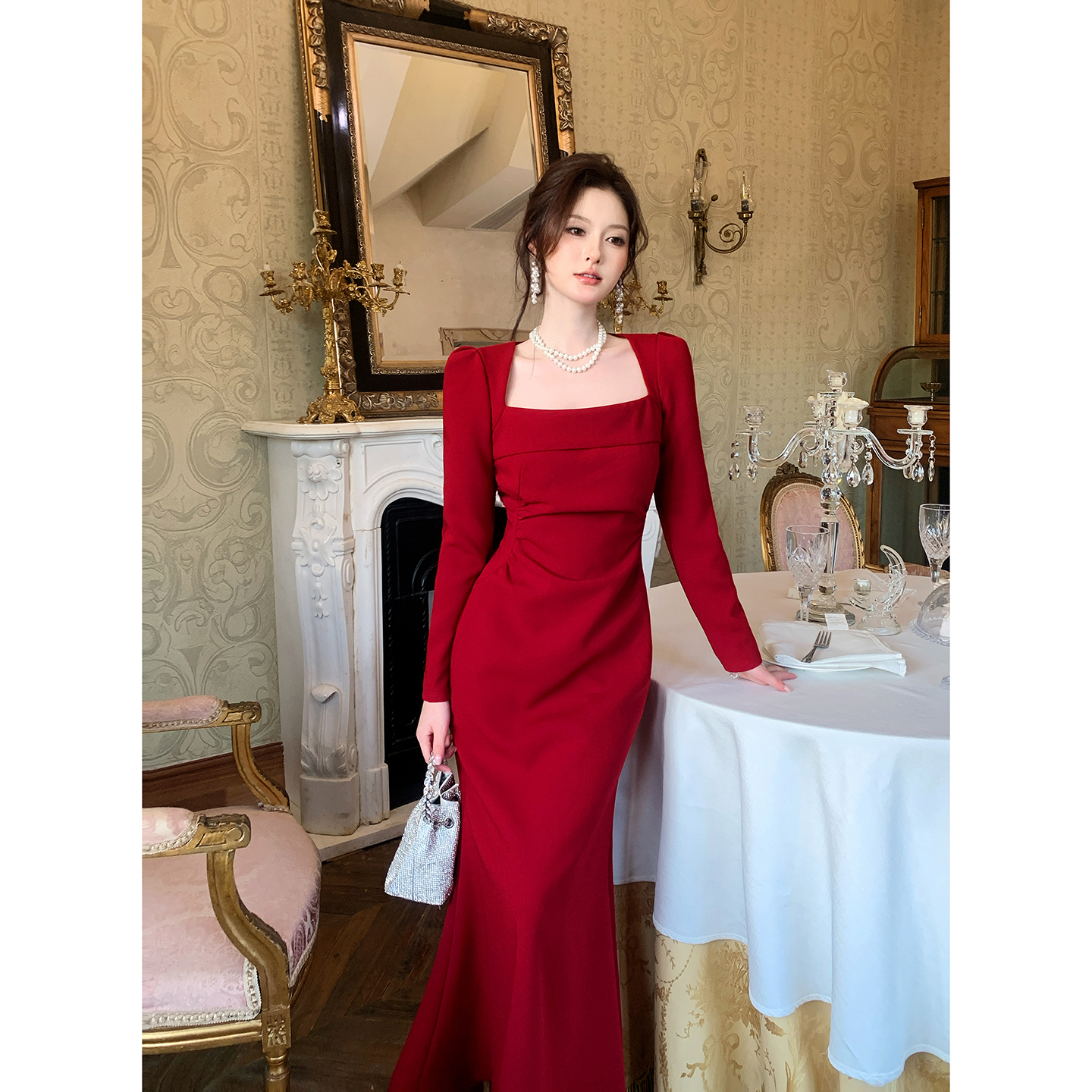 Good Job【山城石榴】法式红色气质方领连衣裙女长袖订婚年会礼服