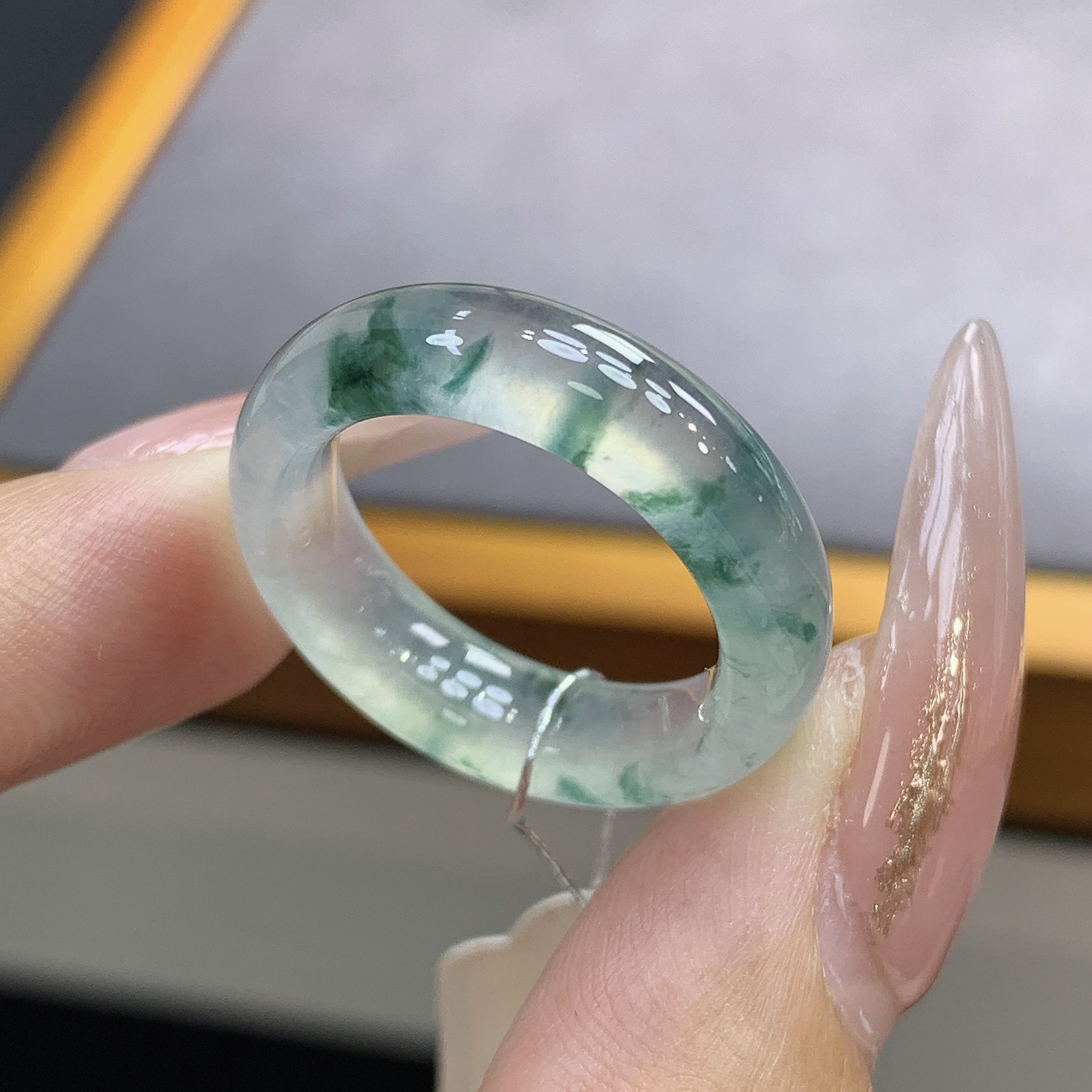 14-15圈 缅甸天然翡翠 高冰玻种水飘花翡翠戒圈尺寸17.3-6–4mm