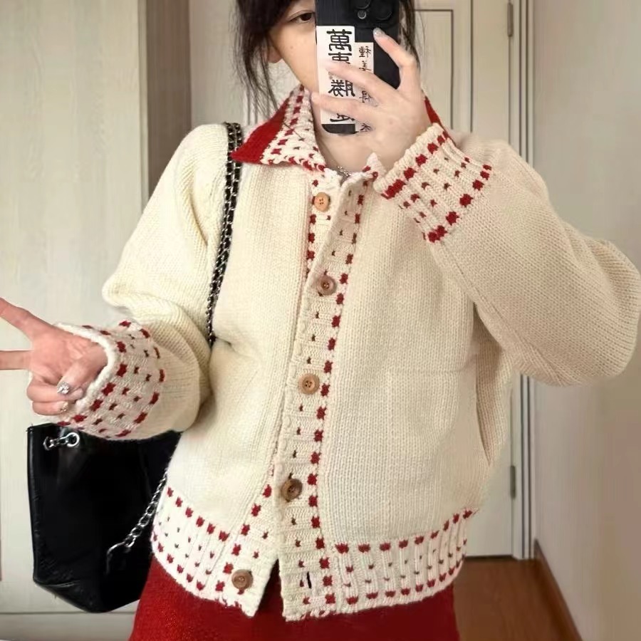复古翻领毛衣开衫女春秋季2025新款慵懒风小众气质短款针织衫上衣