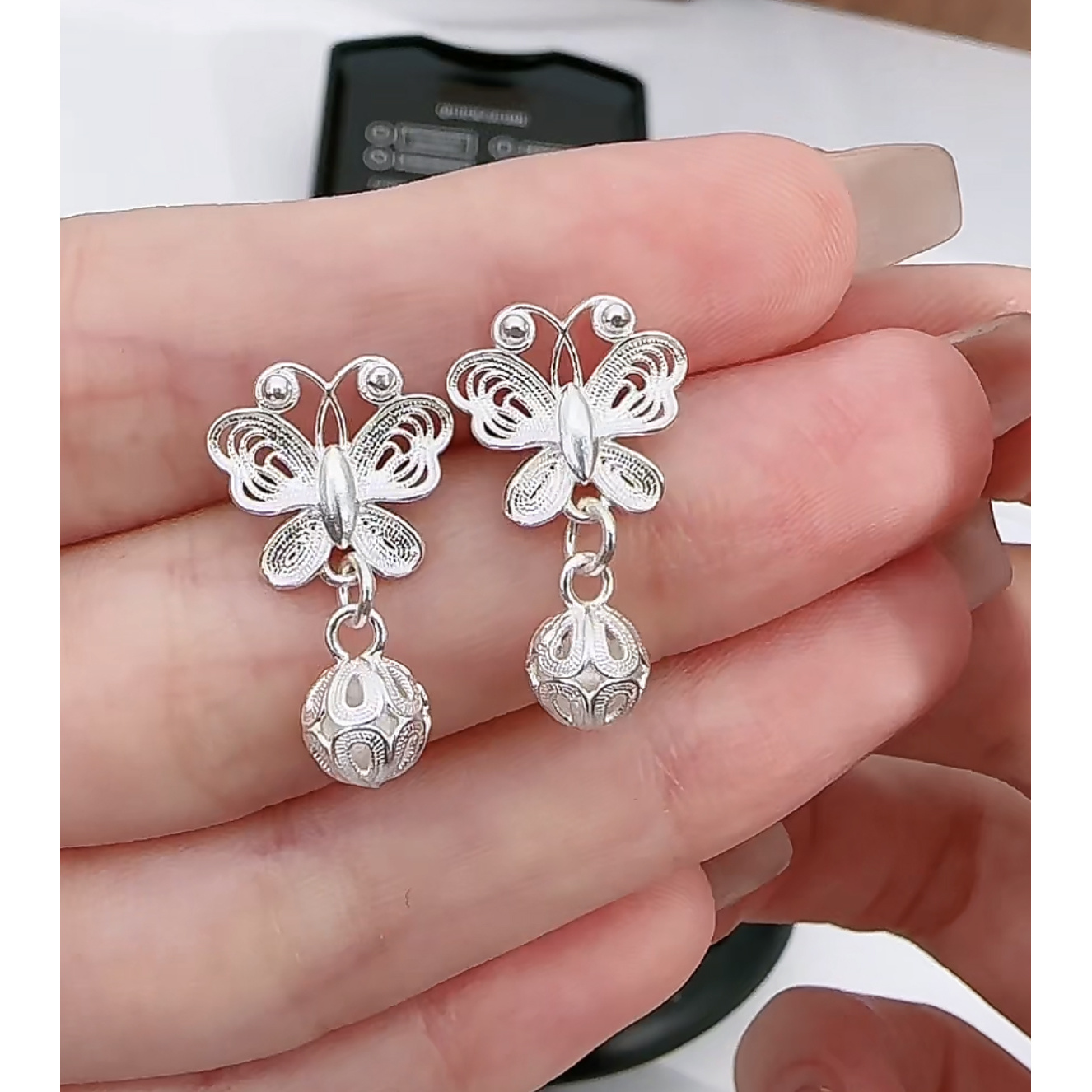 足银耳饰 觅梦绢 蝶绣球耳钉气质百搭复古纯手工民族风精美