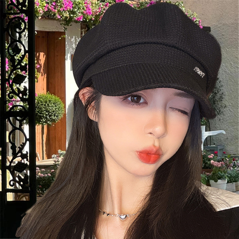 新款帽子女韩系复古八角帽春季文艺百搭鸭舌贝雷帽黑色前进帽学生