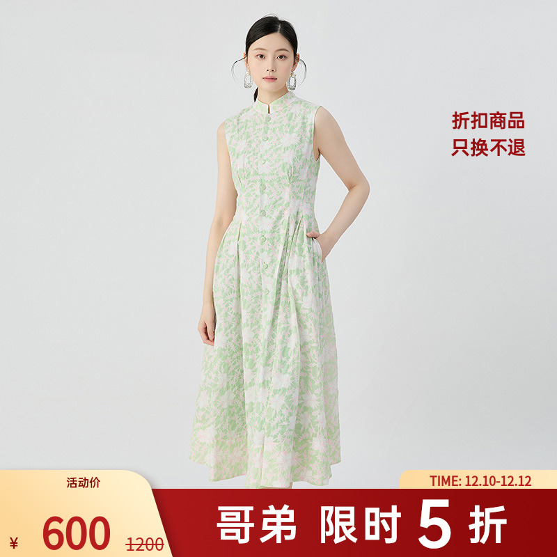 哥弟时尚青春清雅新中式小立领机理印花无袖连衣裙女洋装1500535