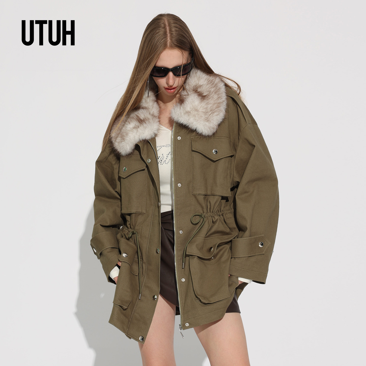 UTUH军绿色工装风毛领外套加绒加厚中长款棉服秋冬保暖TDWWW1W411