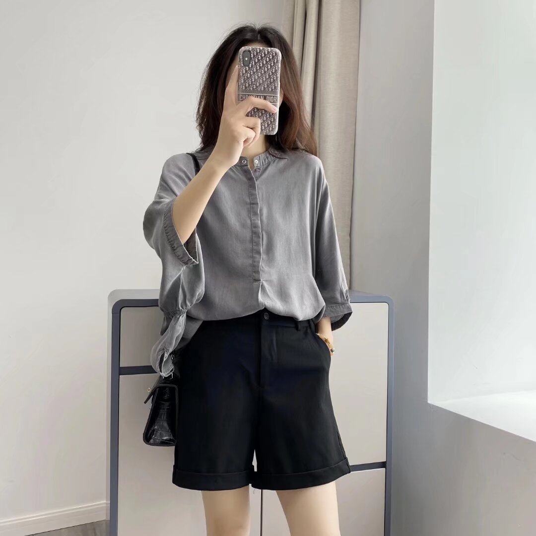 2054立领天丝衬衫女2025夏季新款韩版七分袖薄款上衣牛仔