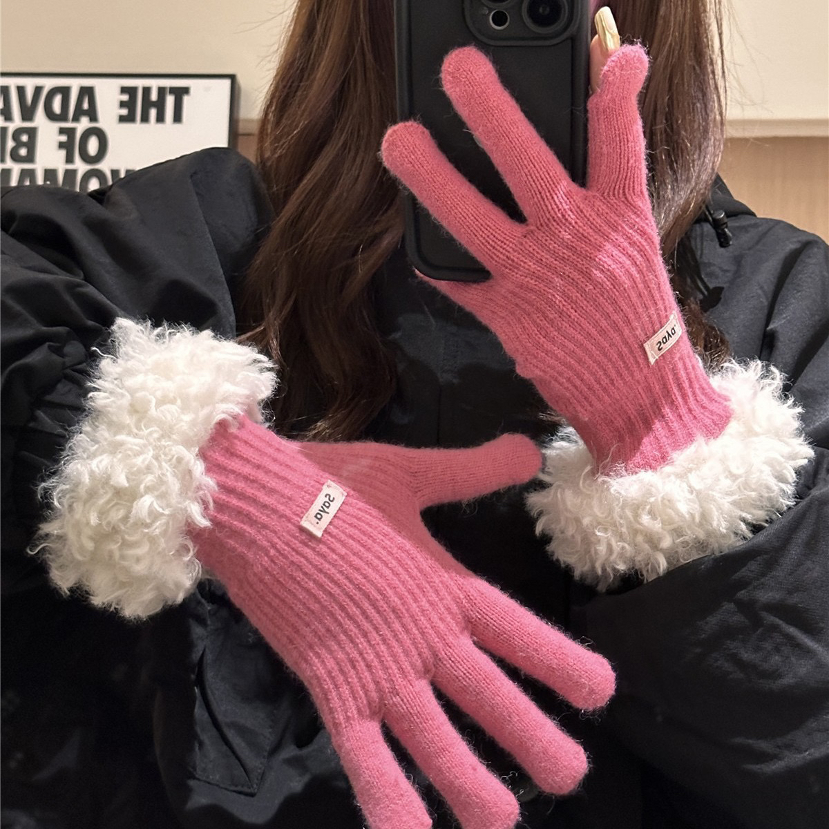 韩版毛毛边手套女冬季加厚保暖毛线针织分指可触屏手套潮