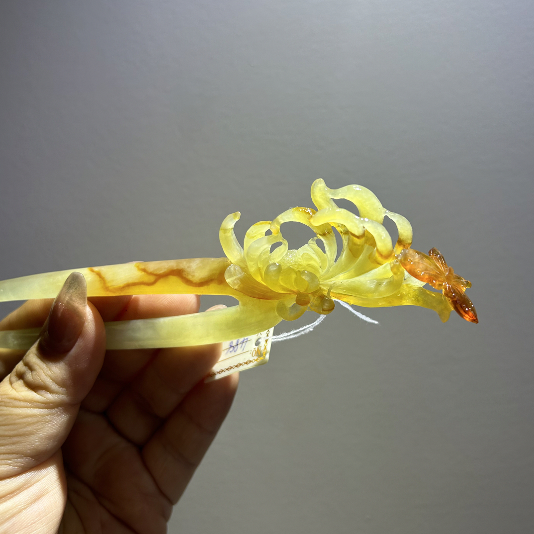 天然玉石 花玉 俏色 菊花发簪