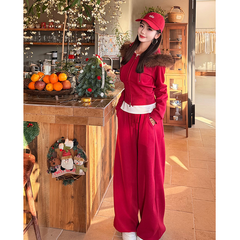 TwoMillion/加绒风超大毛领拉链外套+拖地休闲阔腿裤两件套