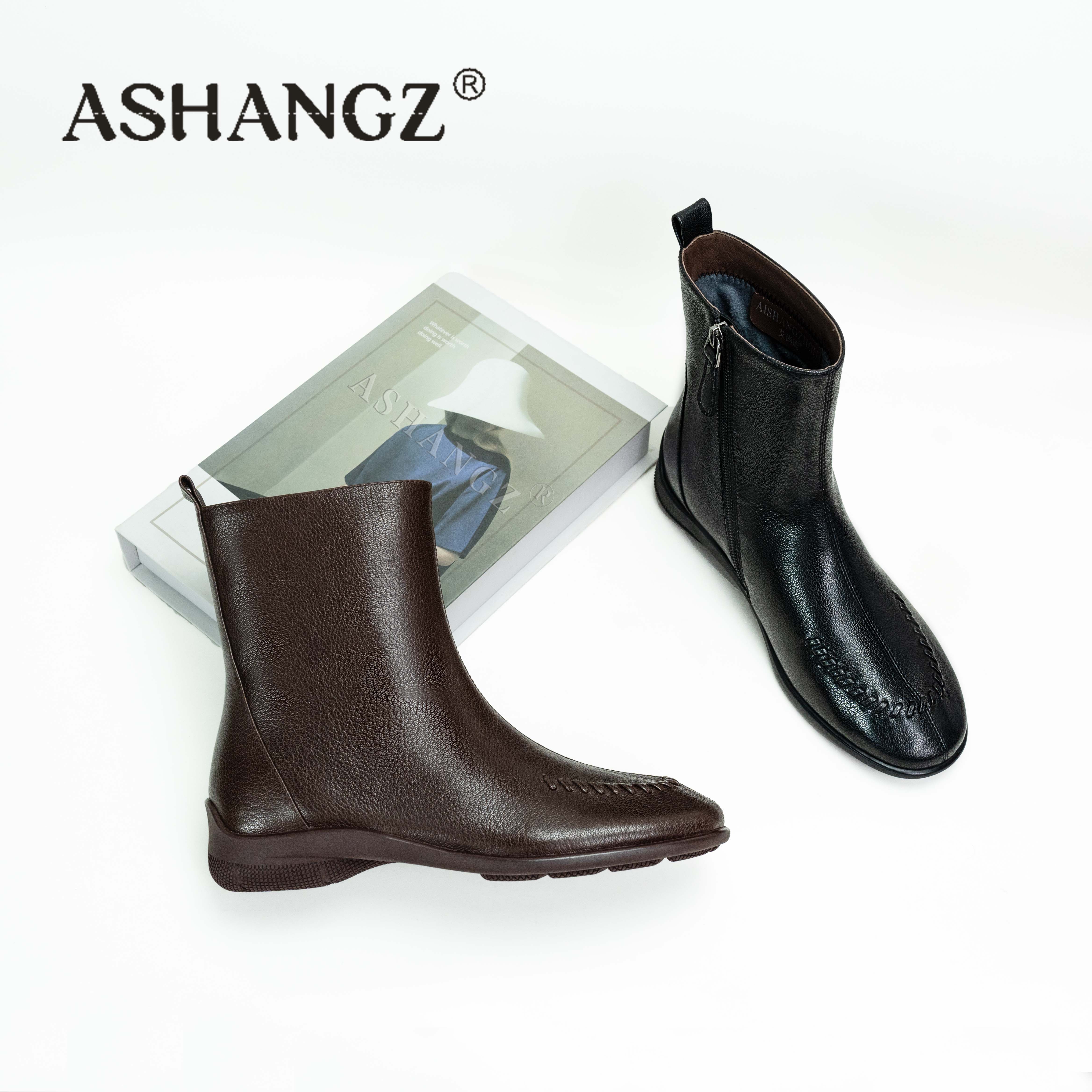 [艾尚周]平底时装靴休闲复古时装靴秋冬女靴短靴加绒保暖