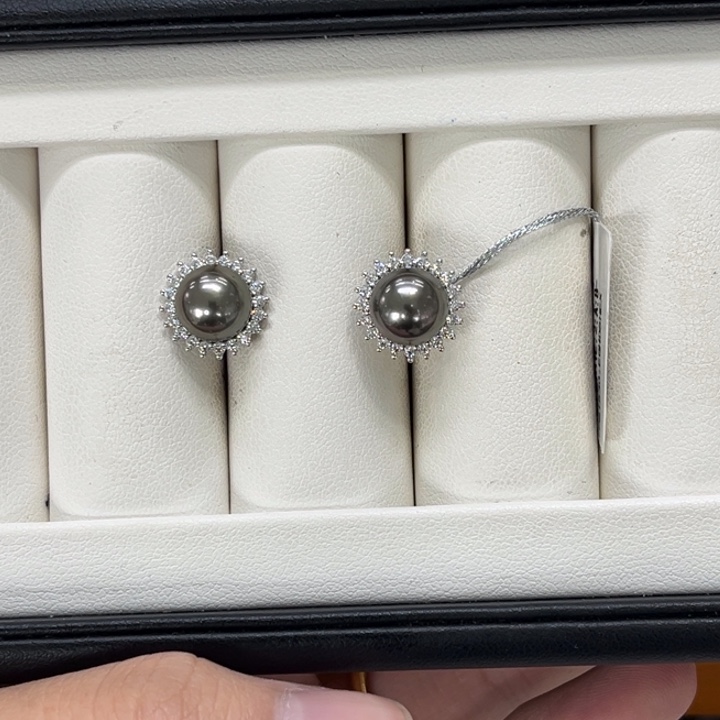 耳饰海水珍珠银S925镶嵌大溪地8-9mm 90号
