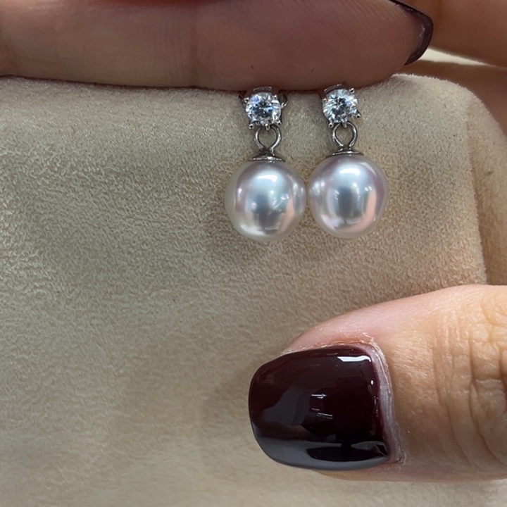 银S925镶嵌耳饰海水珍珠8-9mm65号