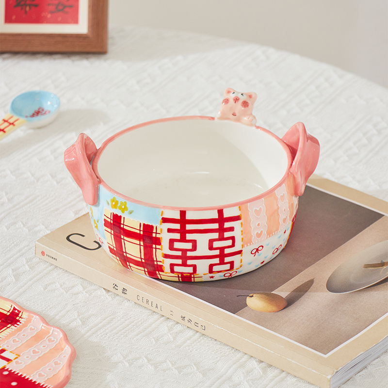 奢]【POP兔-织喜】-双耳面碗家用手绘陶瓷创意